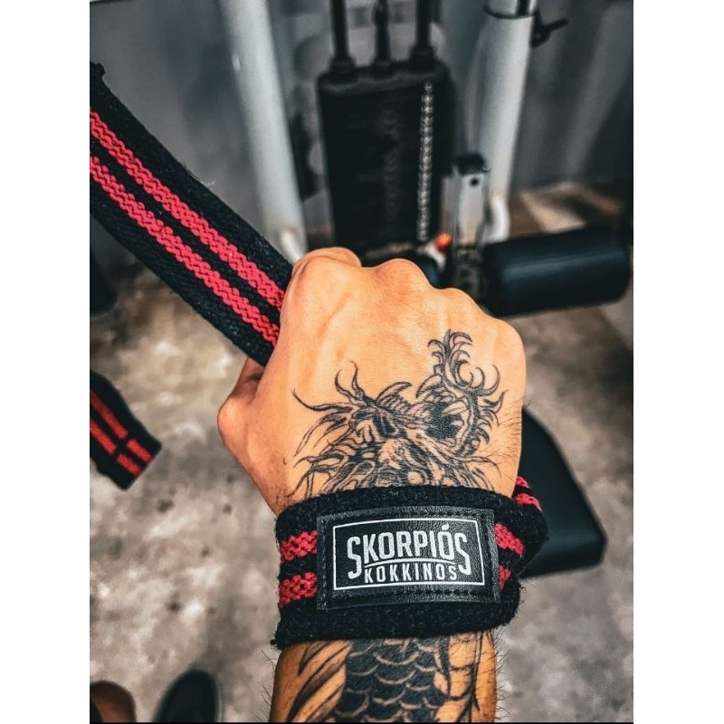 Par Straps 100% algodão preto com VERMELHO para academia, cross fit e musculação.