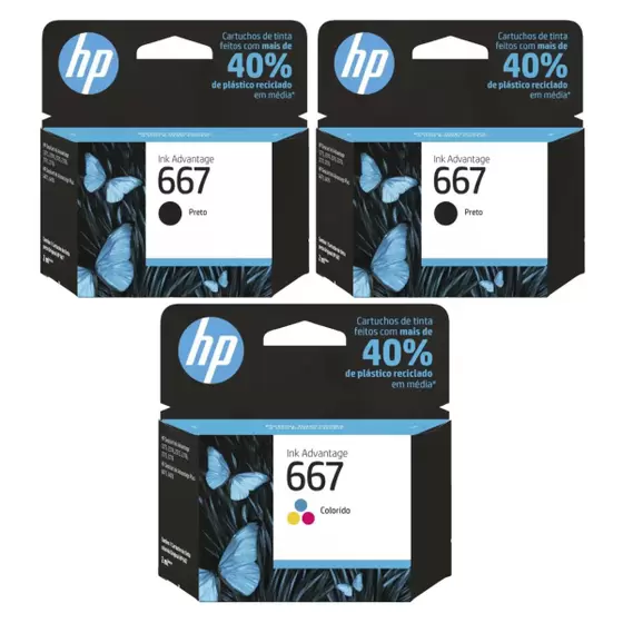 Kit de Cartuchos 667 HP 2 Pretos e 1 Colorido Original / HP Deskejet Ink Advantage: 1275 / 2374 / 2375 / 2376 / 2775 e 2776 / 6475 e 6476
