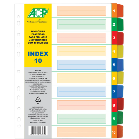 Divisória para fichário colorida plástica A4 com 10 ACP