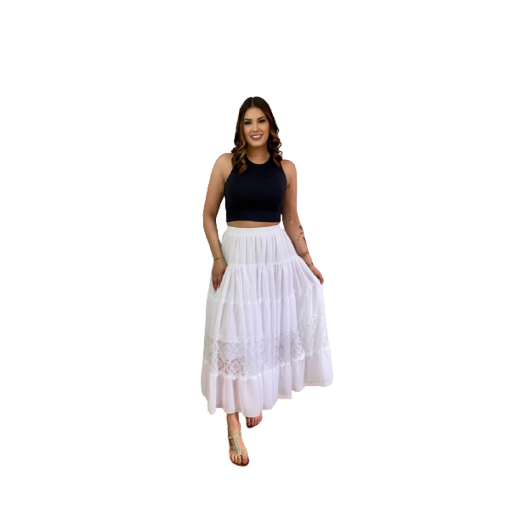 Saia Boho longa estilo Umbanda Branca em Chiffon modelo de Luxo hippie chic