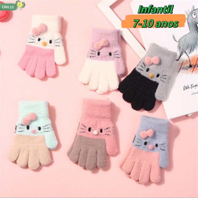 Luvas Kitty Coelho Para Infantil De 7-10 Anos Macias Pelinho Com Bichinho