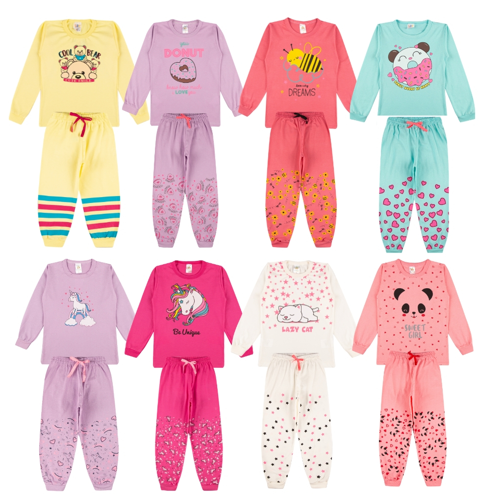 Kit Sortido 3 Pijama Infantil Menina - 3 Camisas manga longa + 3 Calças- 3 Pijamas de Roupa Infantil Menina Inverno Bebe