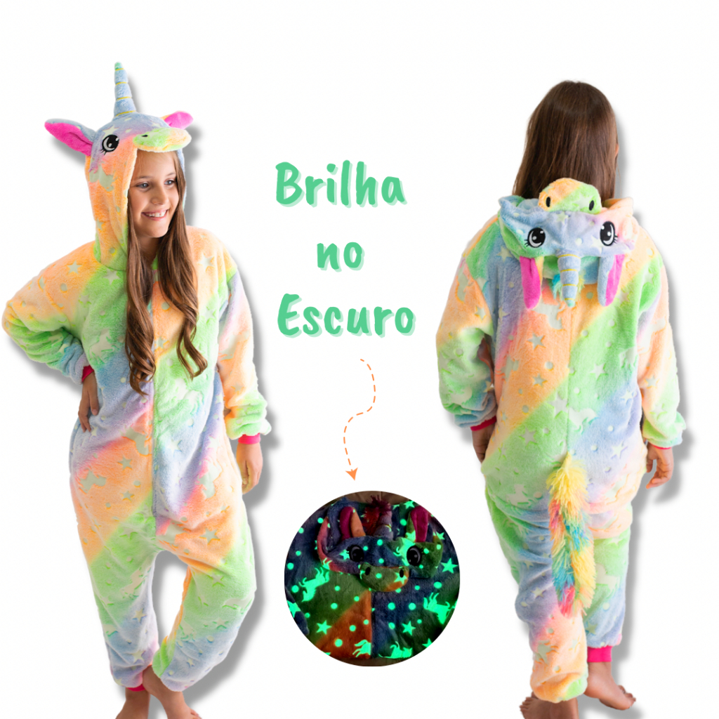 Pijama Macacão Infantil Unicórnio Kigurumi Luminoso - Brilha no escuro