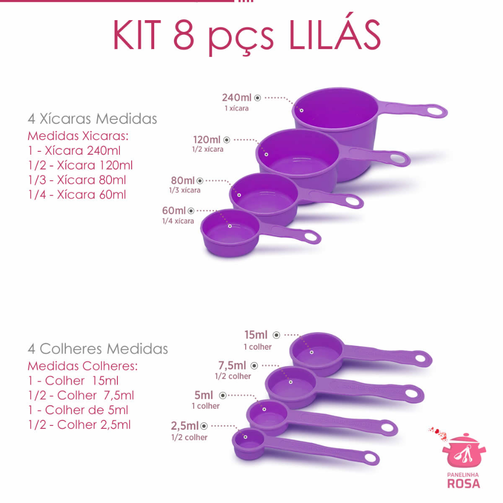 Xicaras e colheres medidas medidores 8 peças - Lilás - Medidas exatas para suas receitas
