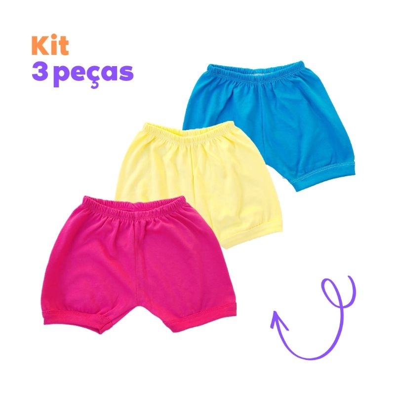 Kit 3 shorts bebê - Suedine 100% algodão