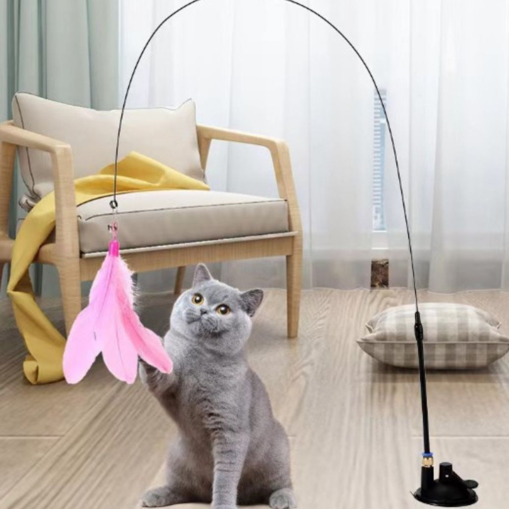 Brinquedo Interativo Gato Varinha Pena Com Ventosa Fixa Chao Para Gatinhos Filhotes e Gatos Adultos
