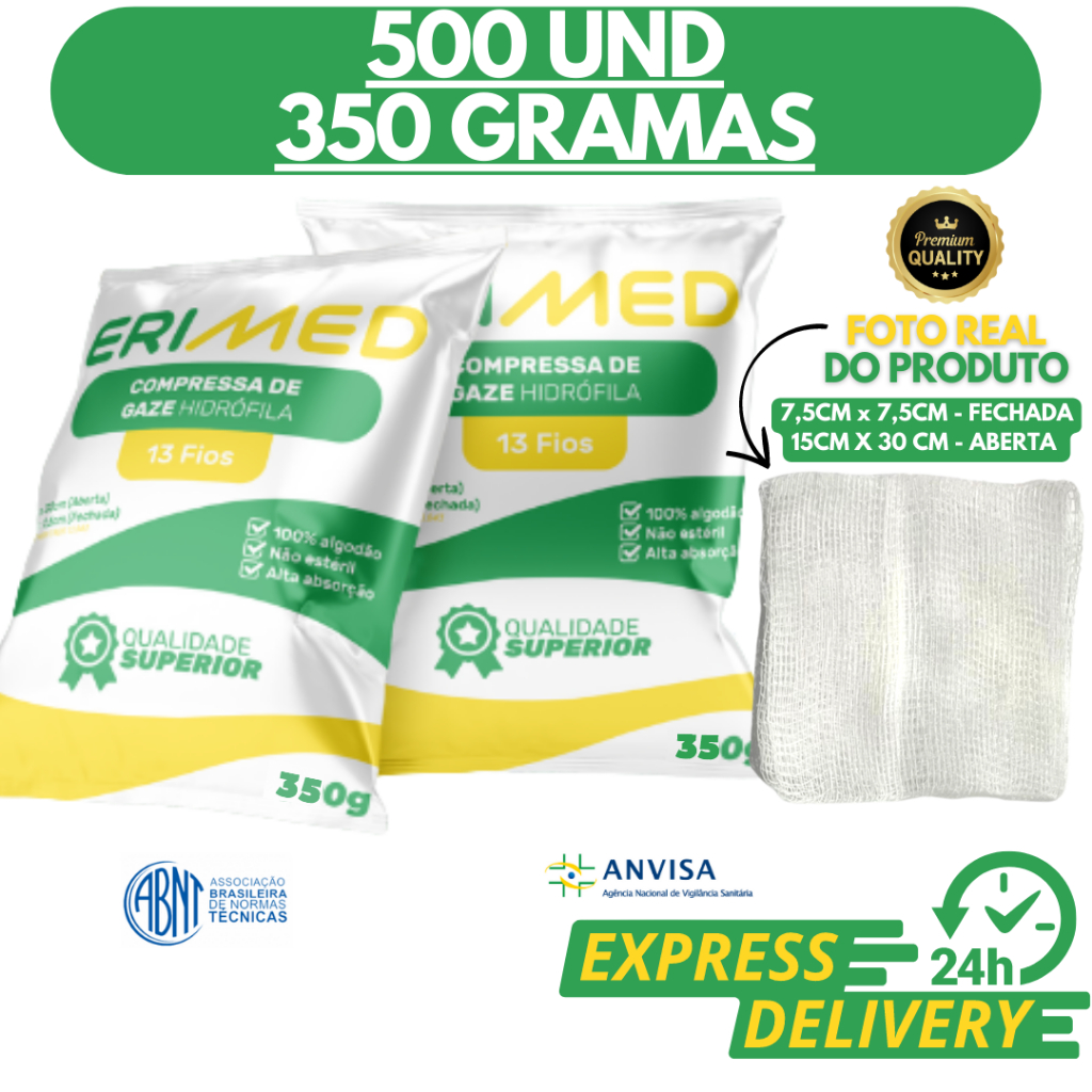 Compressa De Gaze 13 Fios 500 Unidades Com 350 gramas Hidrófila Produto Anvisa Descartável Erimed