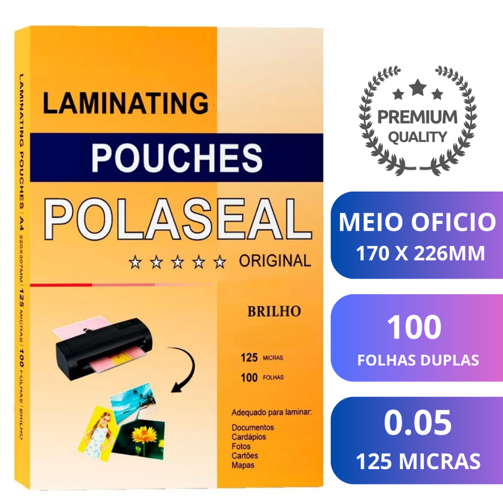 Polaseal Meio Oficio 170x226 - 100 Folhas - Plástico para Plastificação Pouch Film - 125 Micras
