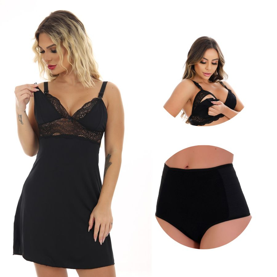 Kit Amamentação Camisola + Sutiã + Calcinha Pós Parto para Maternidade