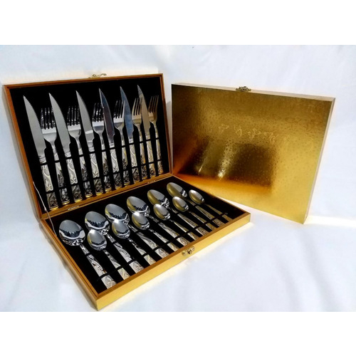 Jogo Faqueiro Inox 24 Peças C/ Detalhes Dourado + Maleta