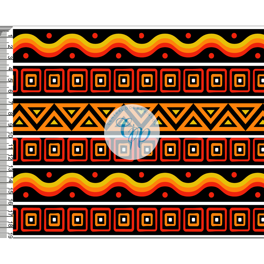 Tecido tricoline, microfibra ou gabardine - Ètnico - Geométrico - Laranja com preto - 0.50 cm