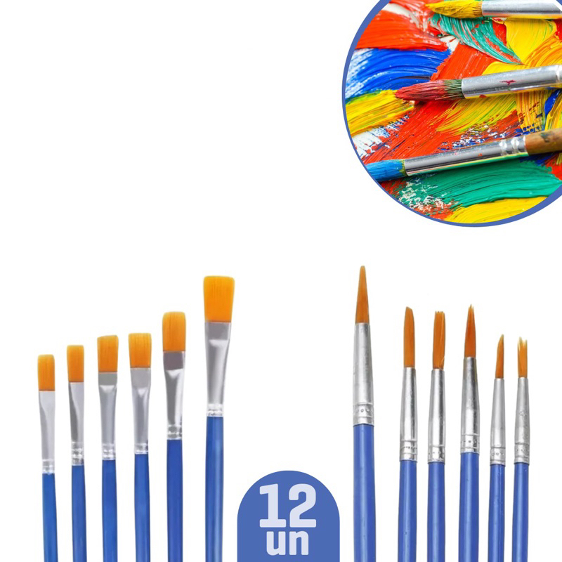 Kit 12 e 6 Pincéis Pintura Artesanato Ponta Fina Redonda E Chato