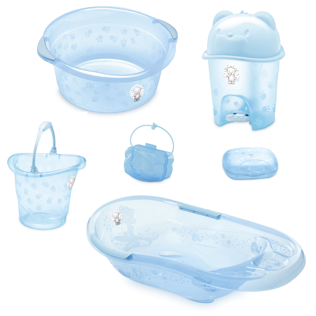 Kit Banheira Bebe Infantil Adoleta + Bacia + Balde + Saboneteira + Lixeira - Menino