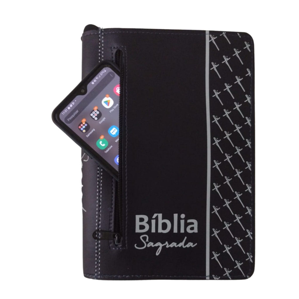 Capa para Bíblia com Zíper e Bolso Externo Preta para Bíblia de Estudo Média Numero 11