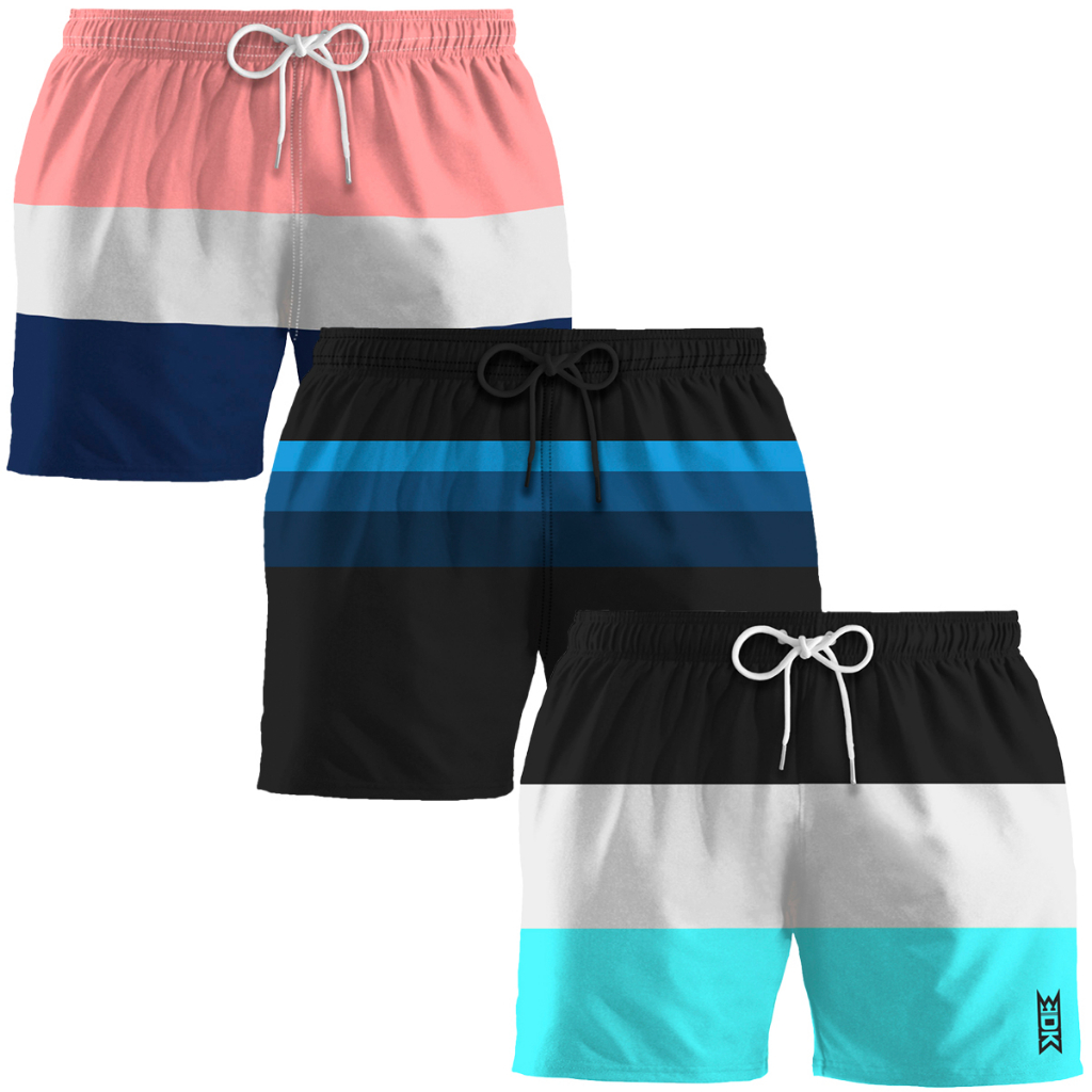 Kit 3 Short Praia Masculino Bermuda Com Bolsos Estampada Listrada Secagem Rápida Em Material Tactel