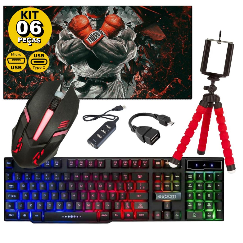Kit Mobilador Gamer Para Celular Com Teclado Mouse Tripé , hub e Adaptador C ou V8 Free Fire