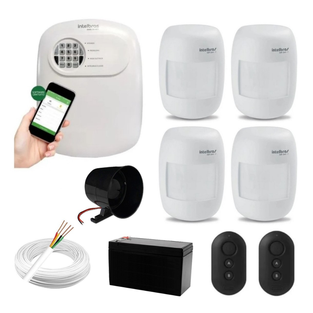 Kit Alarme Intelbras 4 Sensores Presença Central 24 Net Completo Acesso Aplicativo