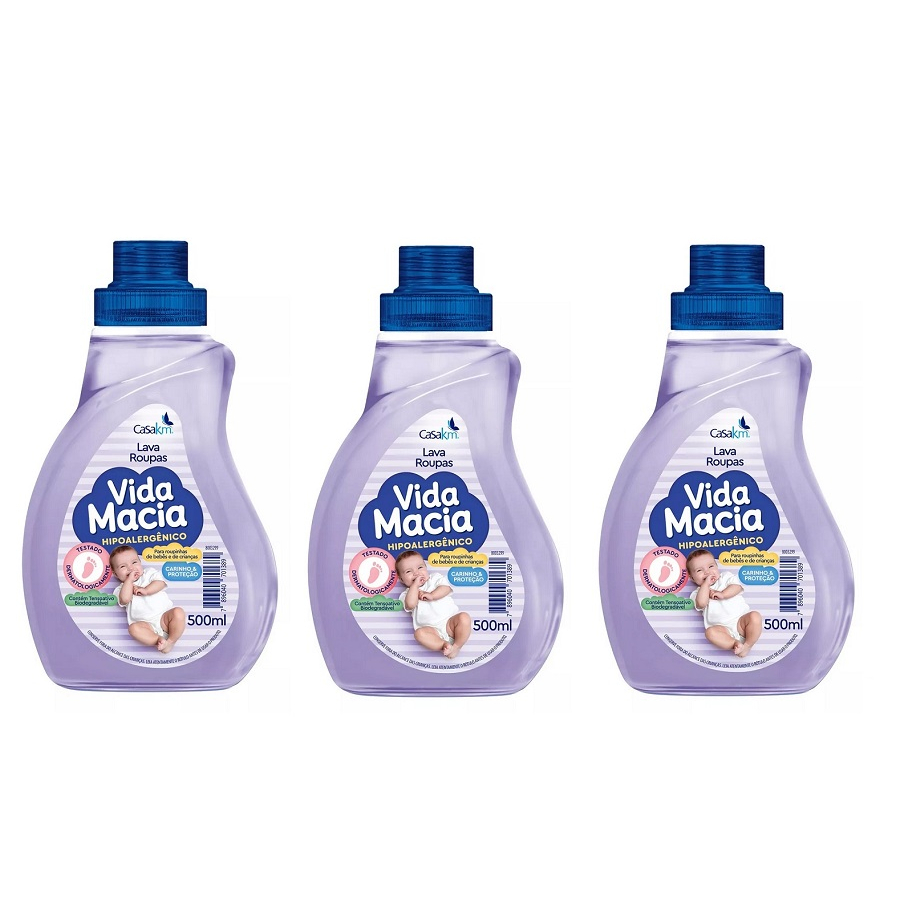 Kit 3 Lava-Roupas Líquido Carinho e Proteção frasco 500ml Cada - Vida Macia