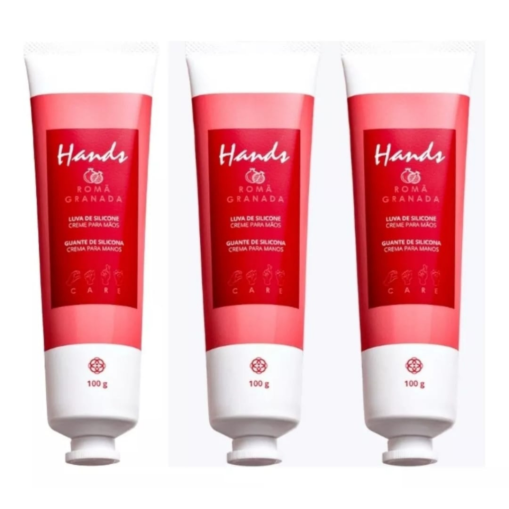 Luva De Silicone Romã Creme Para As Mãos Hands 100g Kit 3 Unidades
