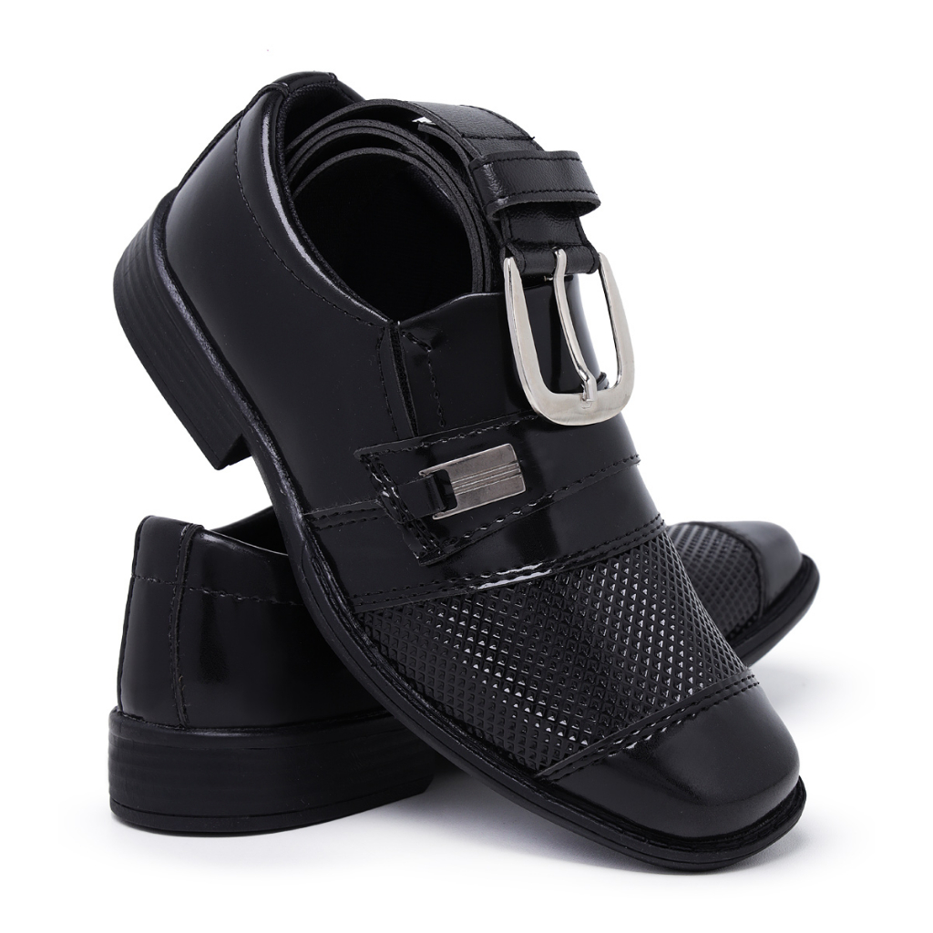 Kit Sapato Social Infantil Masculino Cinto 444 Preto Pajem Conforto Bico Quadrado Cores