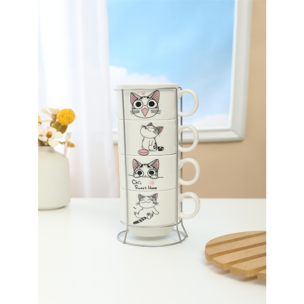Kit 4 Xícaras Cerâmicas + 1 Suporte Torre de Metal 160ml - Pets/Gatinhos
