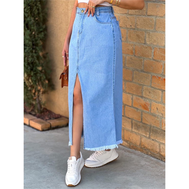 Saia Jeans Midi Cintura Alta Moda 8100