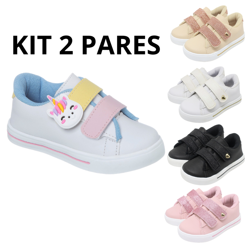 Kit 2 Pares Tênis Infantil Menina Brilho Glitter Unicórnio Estiloso Casual Confortável