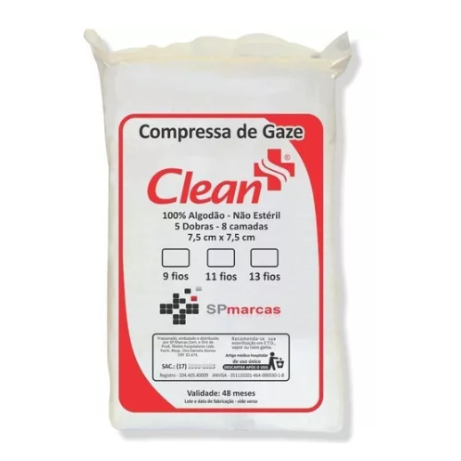 Compressa de Gaze Não Estéril 7,5x7,5cm 13 Fios - Clean