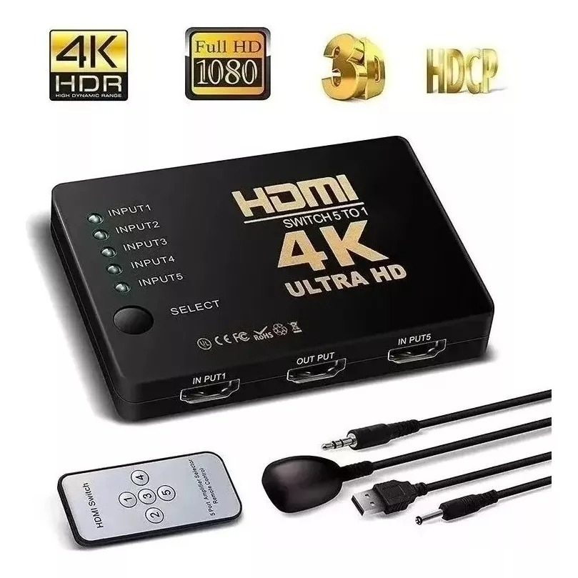 Switch Hdmi Adaptador Hub 5x1 Splitter 4k Com Controle