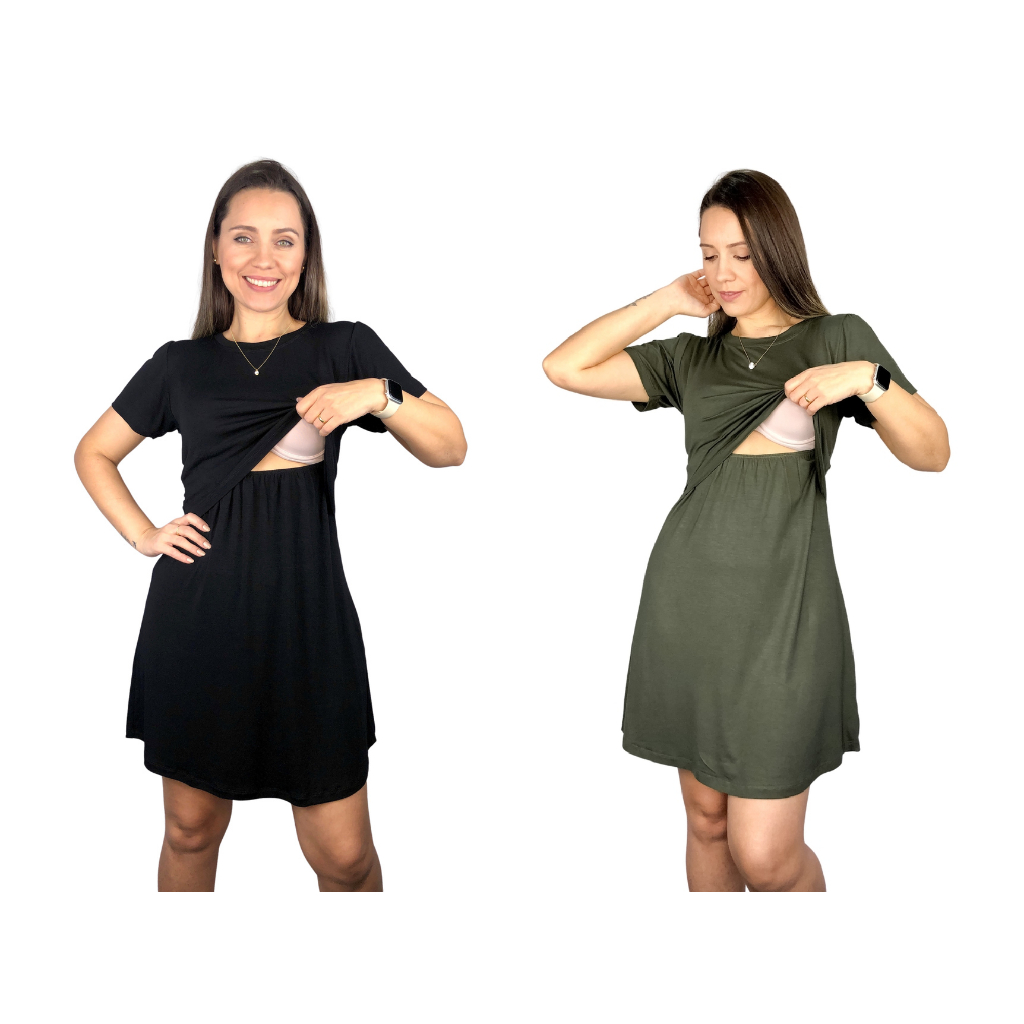 Kit 2 Vestido Amamentação Diversas Cores Viscolycra Premium Manga Curta Gestante Grávida Amamentar