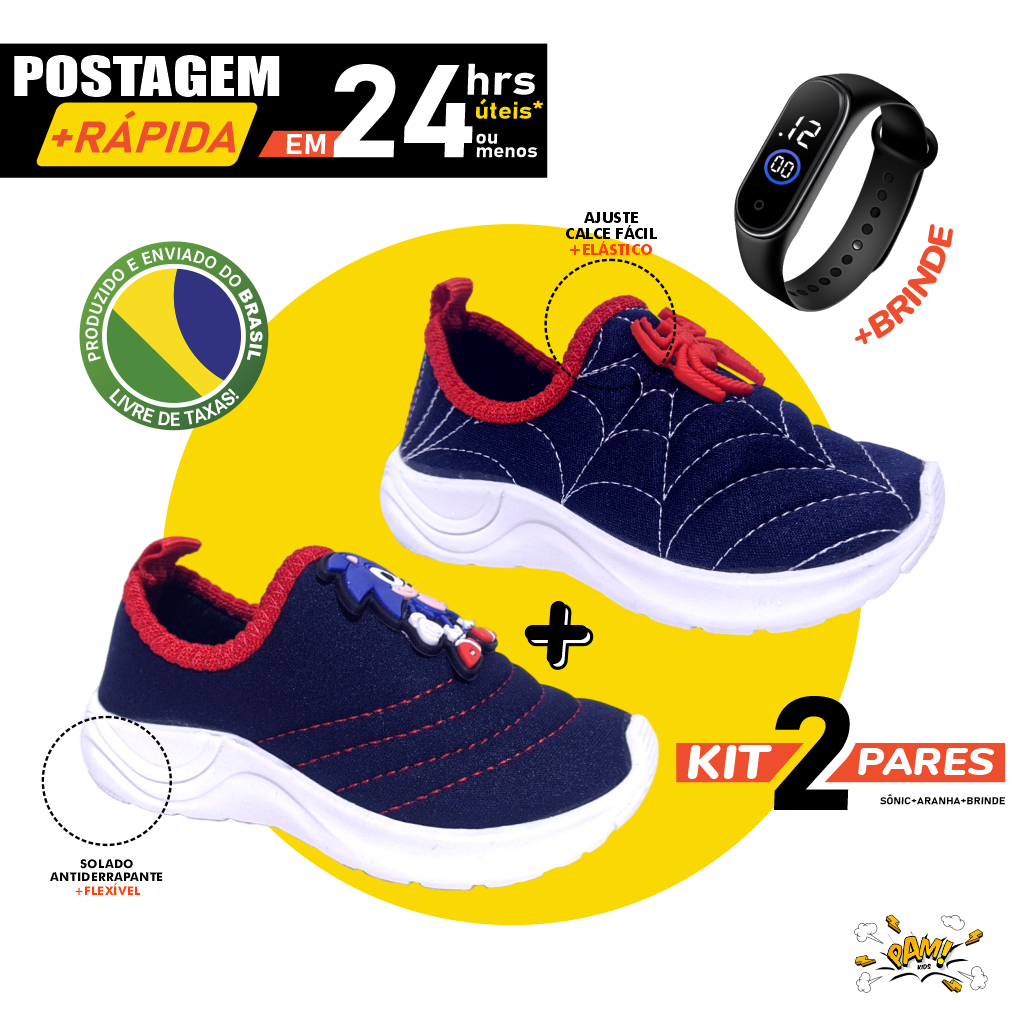Tênis Infantil Aranha e Bichinhos Kit 2 Pares Sem Cadarço Aplique Confortável levinho para crianças
