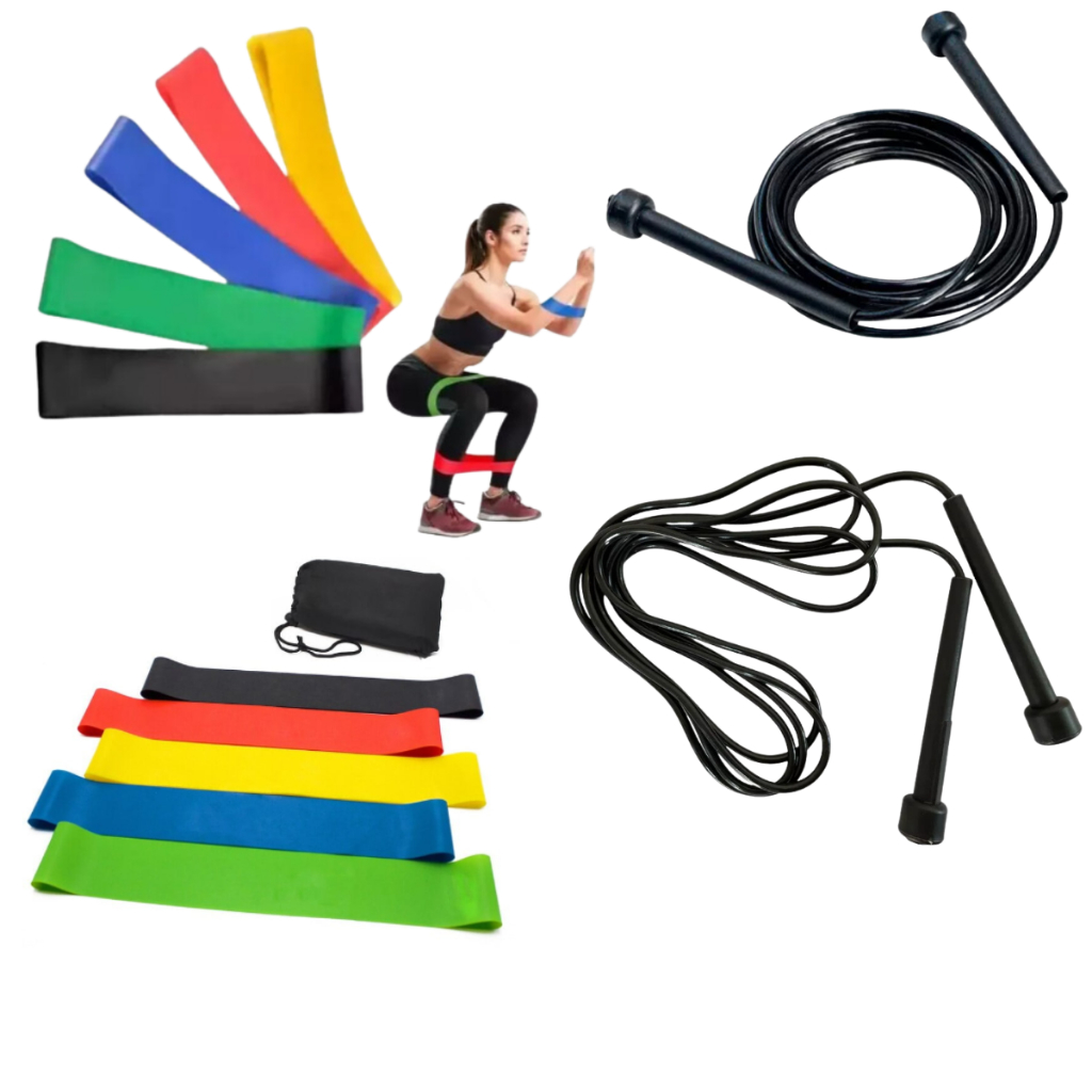 Kit Treino 01 Corda de Pular PVC Speed Roper  + 01 Kit Mini Bands 5 Faixas Elásticas