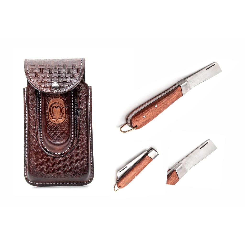 Kit Bainha Capinha De Celular Couro Legetimo + 1 Canivete Cabo De Madeira e Aço Carbono.
