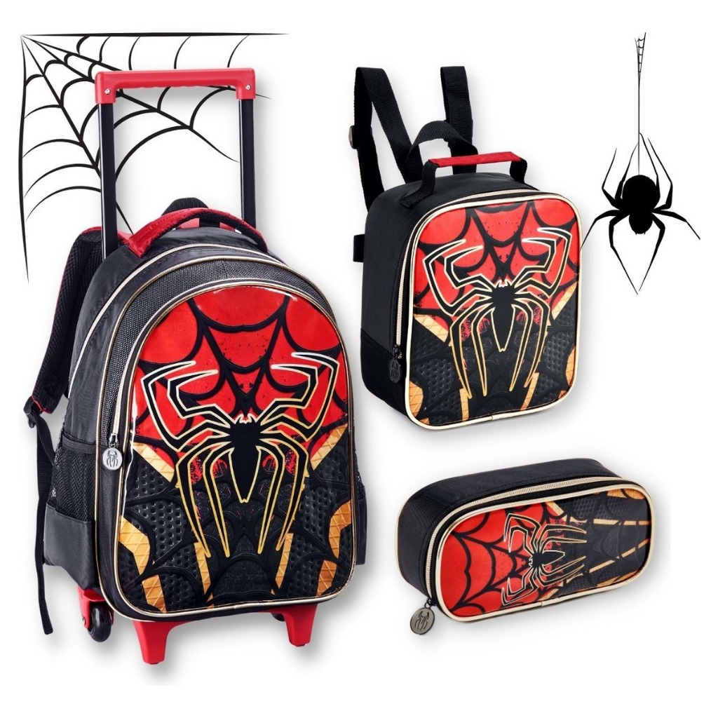 Conjunto Kit Mochila Rodinha Infantil Spider Man Aranha Lancheira Estojo Vermelho Preto