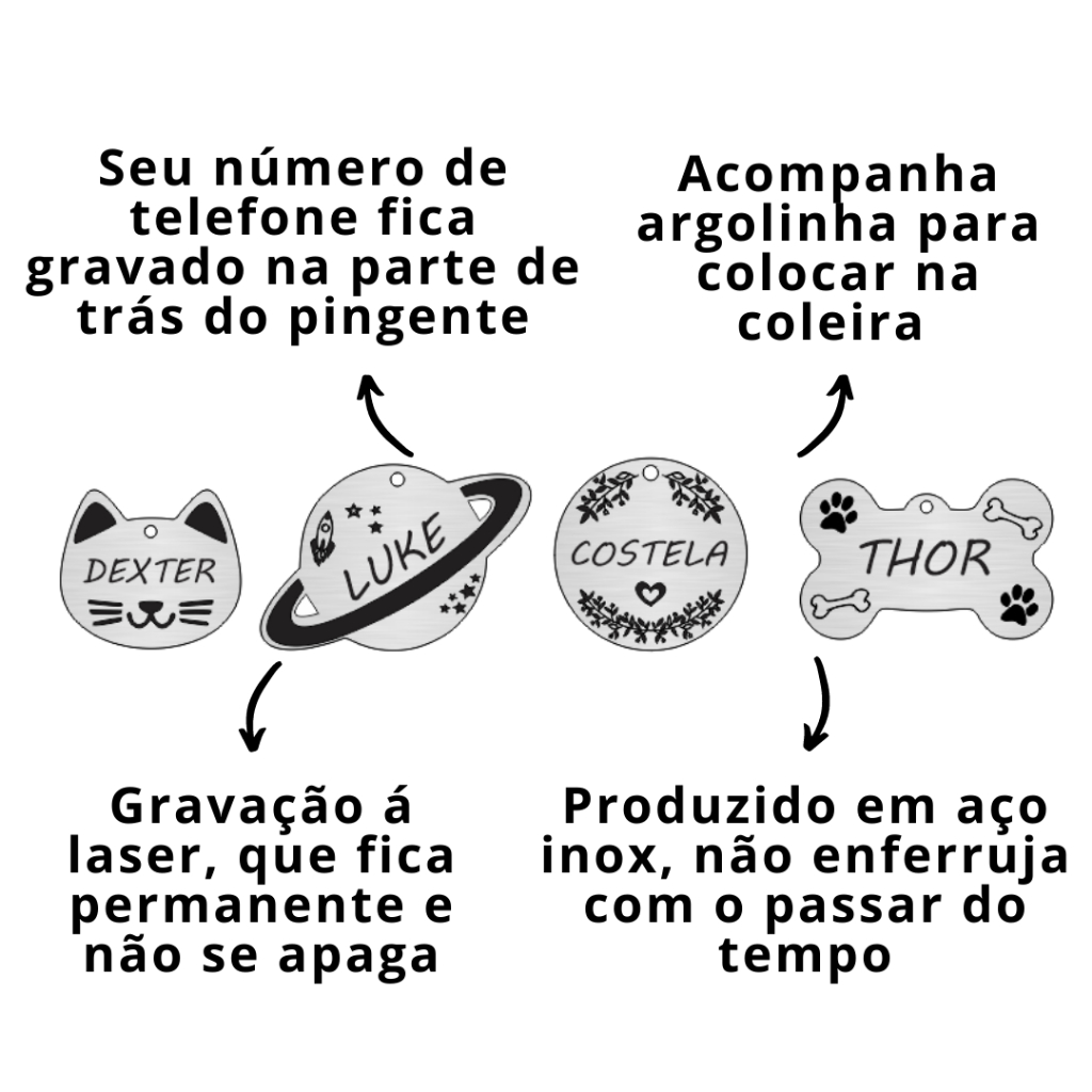 Pingente Pet Personalizado Coleira para Cachorro Gato Gravação Permanente