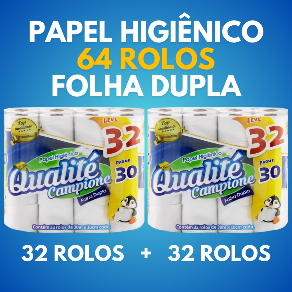 Kit 64 Rolos Com 30m Cada do Papel Higiênico Folha Dupla Qualité Campione