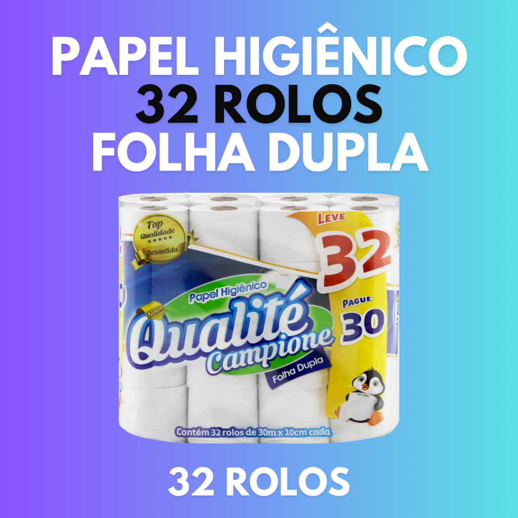 Kit 32 Rolos Com 30m Cada do Papel Higiênico Folha Dupla Qualité Campione