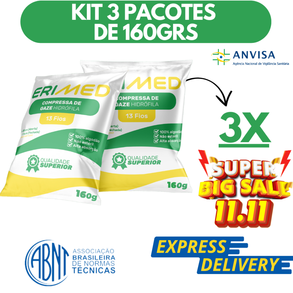 Kit 3x Compressa De Gaze 13 Fios Pacote 160 Gramas Hidrófila Gazes Descartável Anvisa Kit 480g