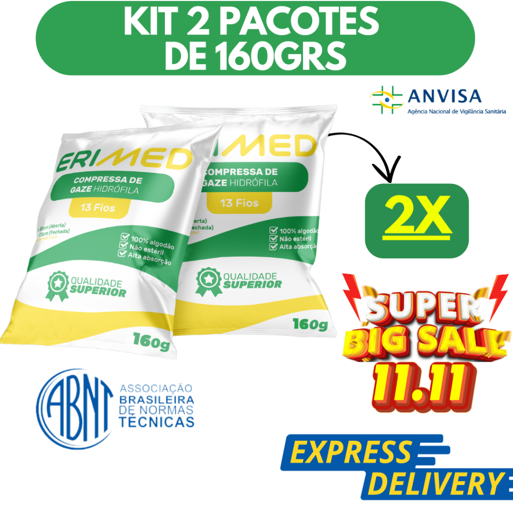 Kit 2 Compressa De Gaze Premium 13 Fios 11 Fios 9 Fios 160 Gramas Hidrófila Gazes Descartável Anvisa