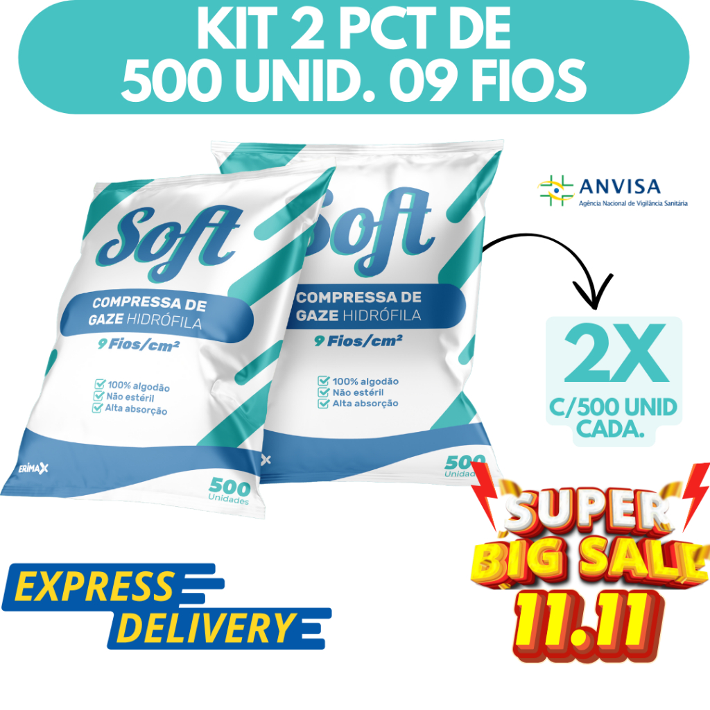Kit 2 Compressa De Gaze 9 Fios 1000 Unidades Soft Hidrófila Gazes Descartável Anvisa