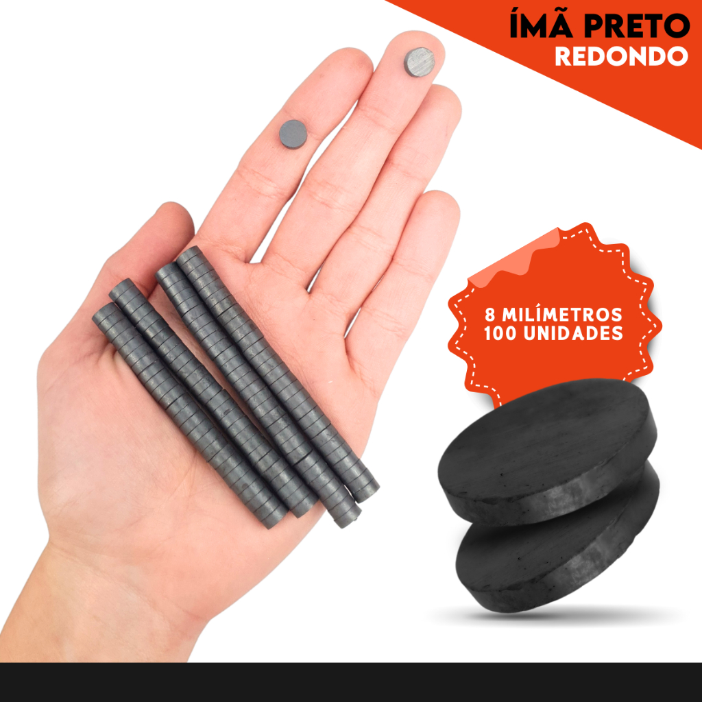 Ímã Redondo Preto Pacote com 100 Unidades em Vários Tamanhos 8mm - NYBC