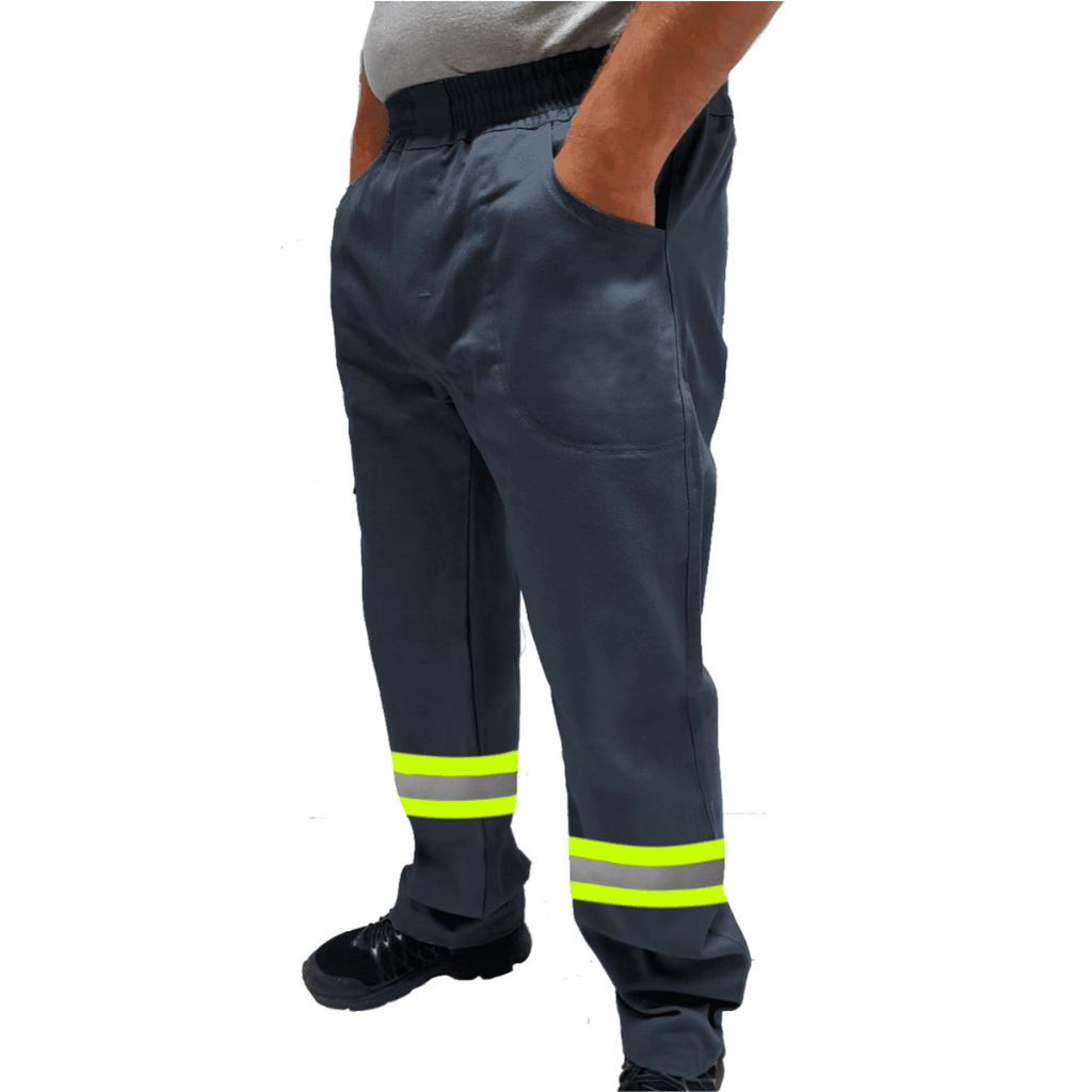 Calça de Uniforme Eletricista Brim Profissional Reforçada Com Faixa Refletiva Verde