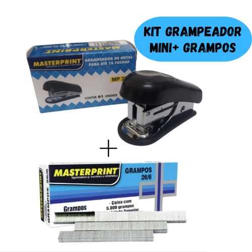 Kit Grampeador Mini + 5.000 Grampos Galvanizados 26/6 Escritório Escolar MASTERPRINT