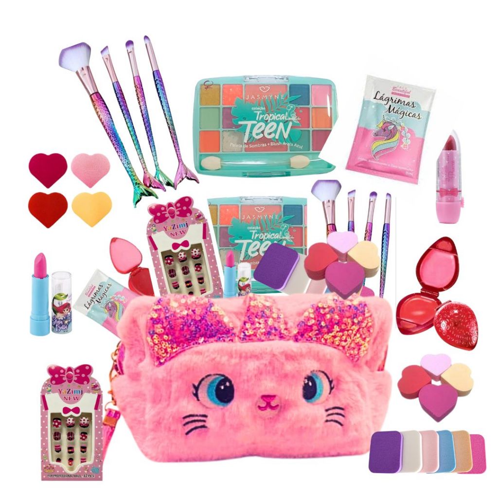 Kit maquiagem Bolsinha Sombras Pinceis batom gloss Unhas skin care completo