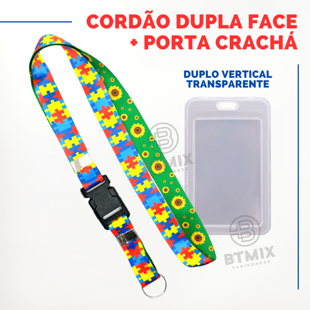 Kit Cordão Dupla Face Autismo Girassol Autismo Autista com Porta Cartão Transparente Dupla Face Vertical