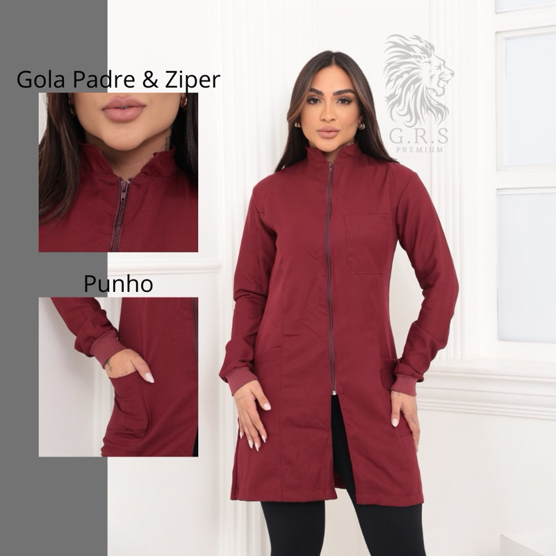 Jaleco Marsala/Vinho Elegante Com Zíper Punho E Gola Padre Feminino, Avental Para Profissões