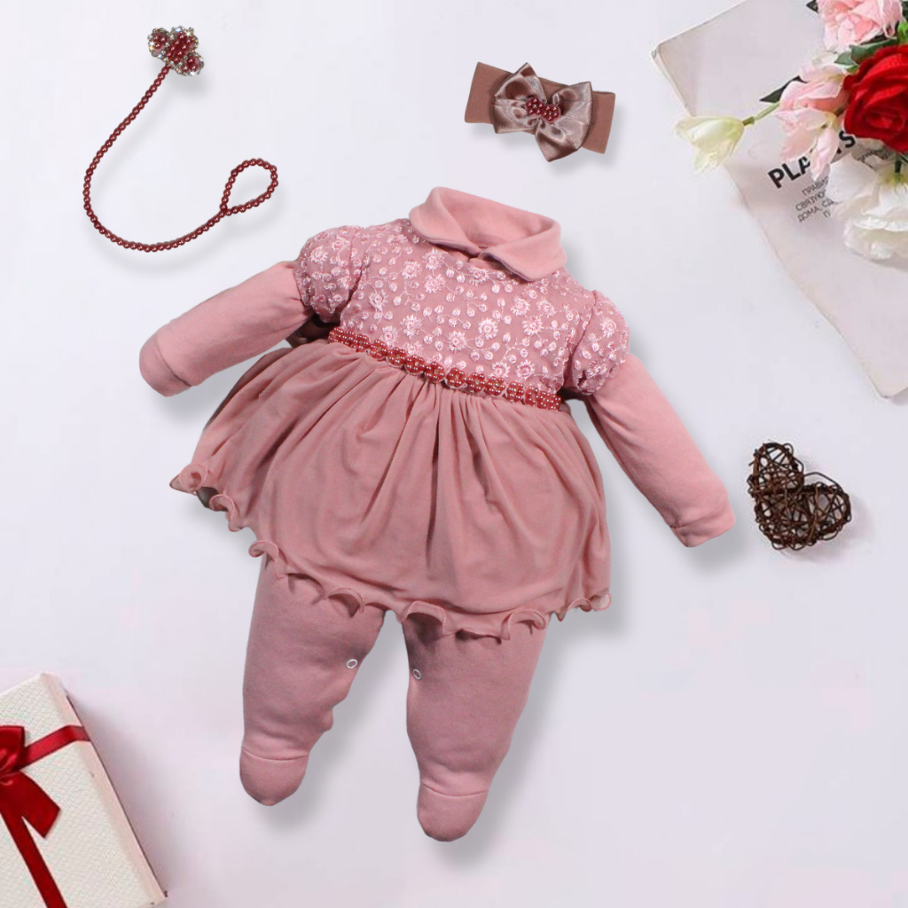 Macacão Bebe Luxo Bordado Renda Tule Pérola FLOR Menina