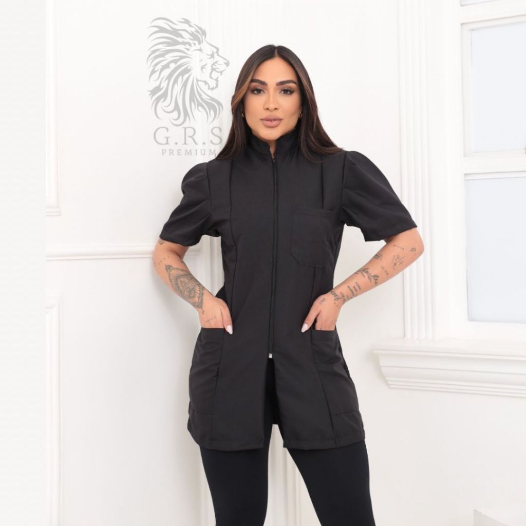 Jaleco Preto Feminino Personalizado Com Manga Bufante Gola Padre Ziper Tecido Alfaiataria
