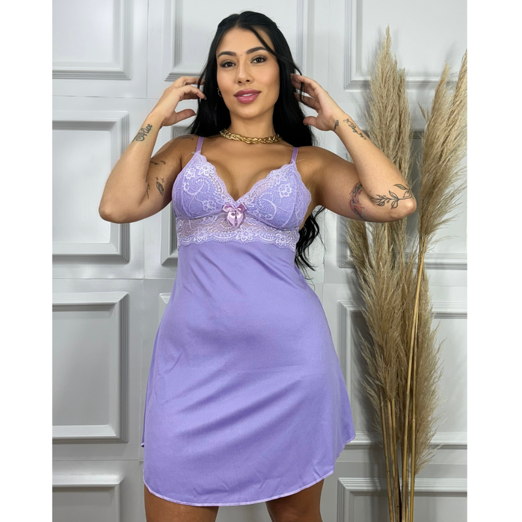 Camisola sem Bojo Feminina Renda Lingerie Pijama Noite Soltinha Moda Adulta Laço