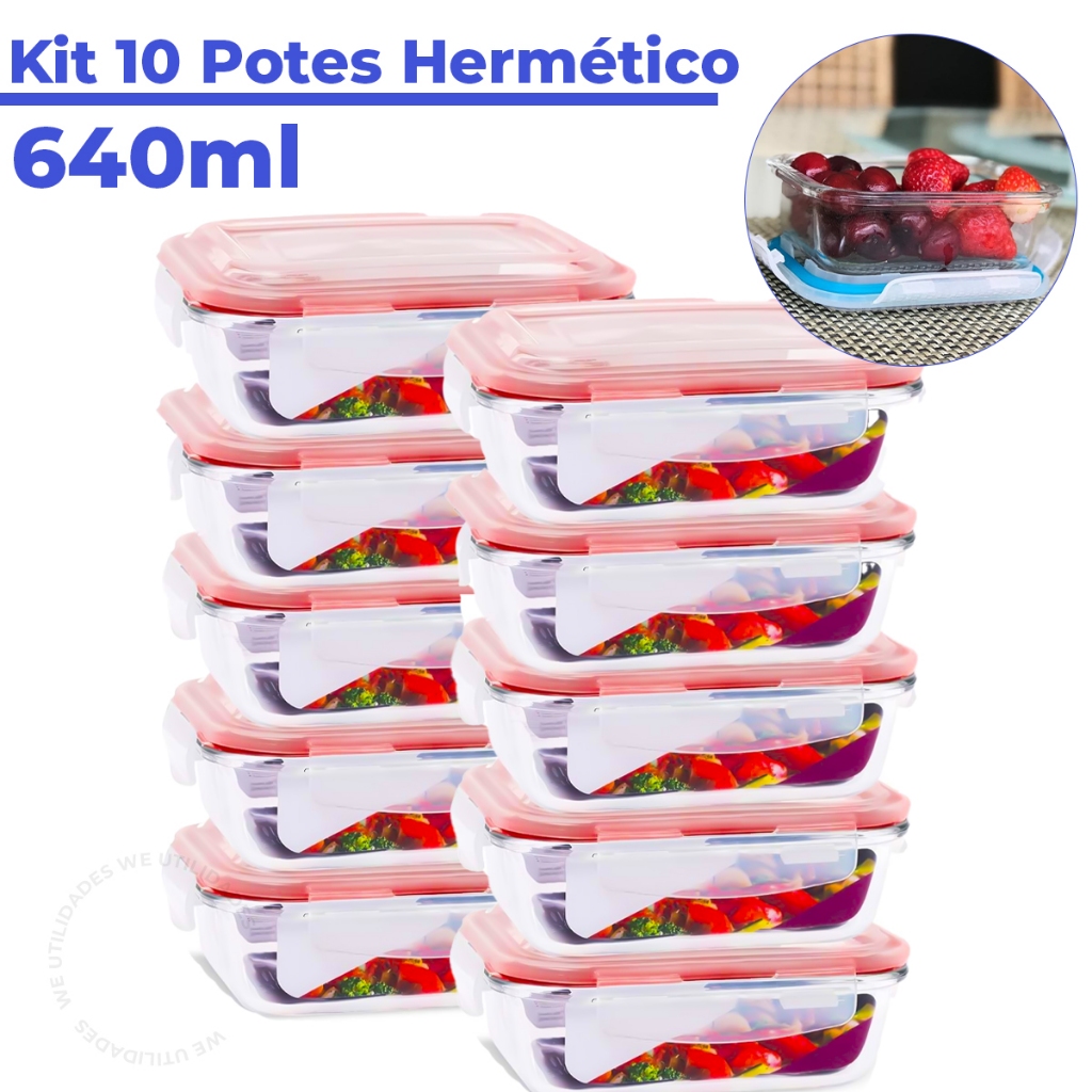 Kit Pote de Vidro Hermético Retangular 640 ml 5 ou 10 Unid Marmita Microondas